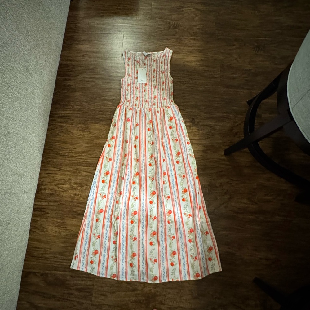 Caroline Constas White and Coral Striped Floral Midi Dress